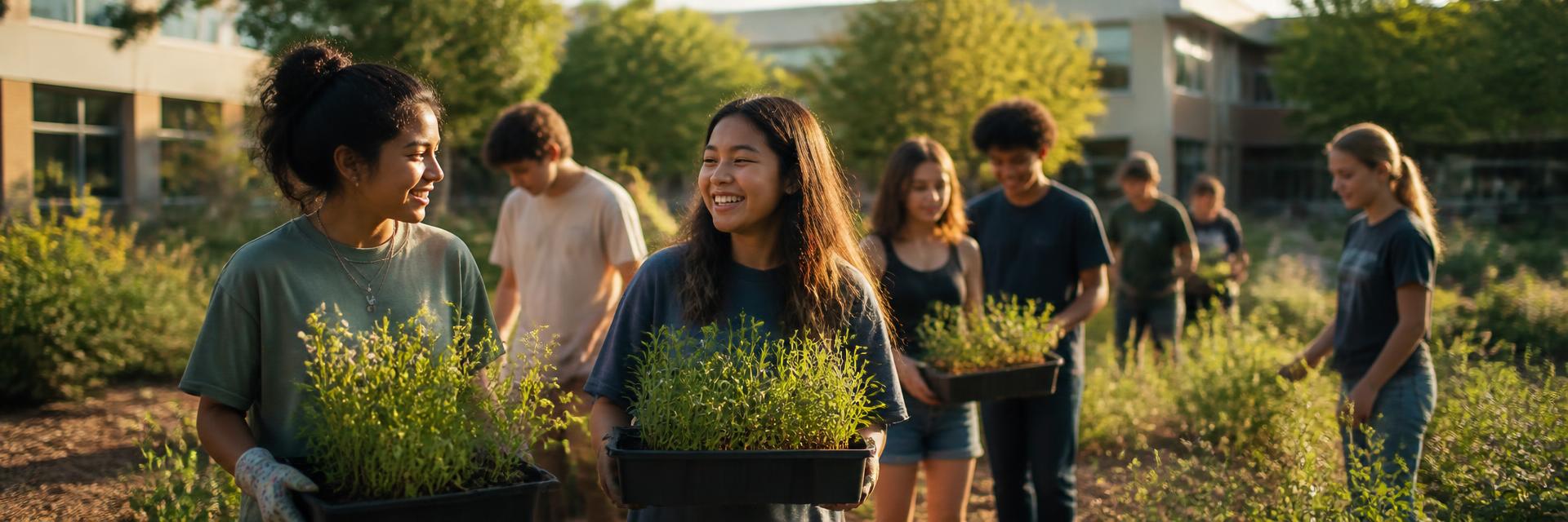 High school students carrying trays of native seedlings across a school campus garden
