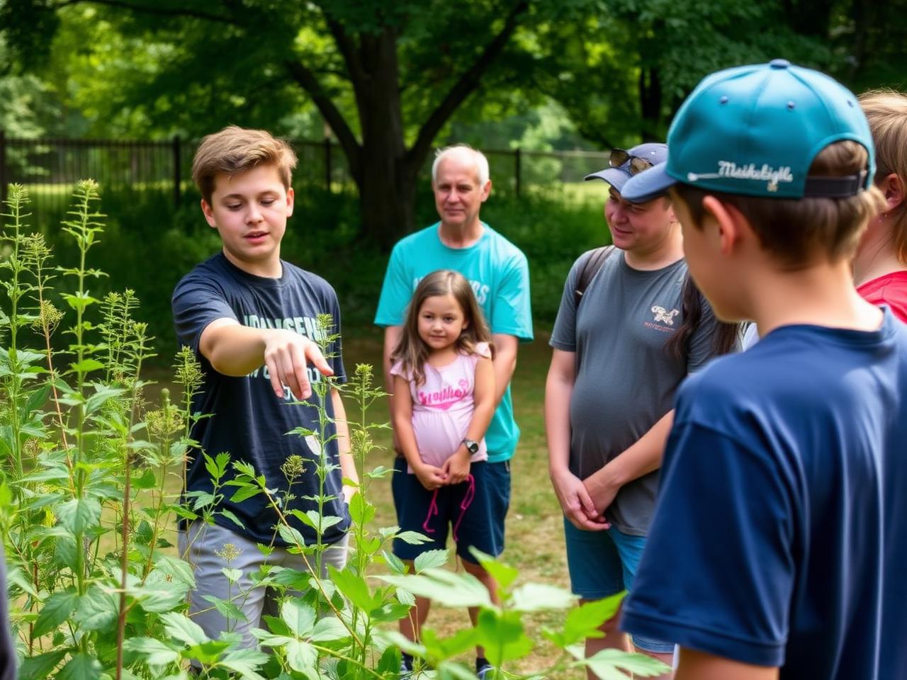 A student leading an outdoor native plant workshop for a community group