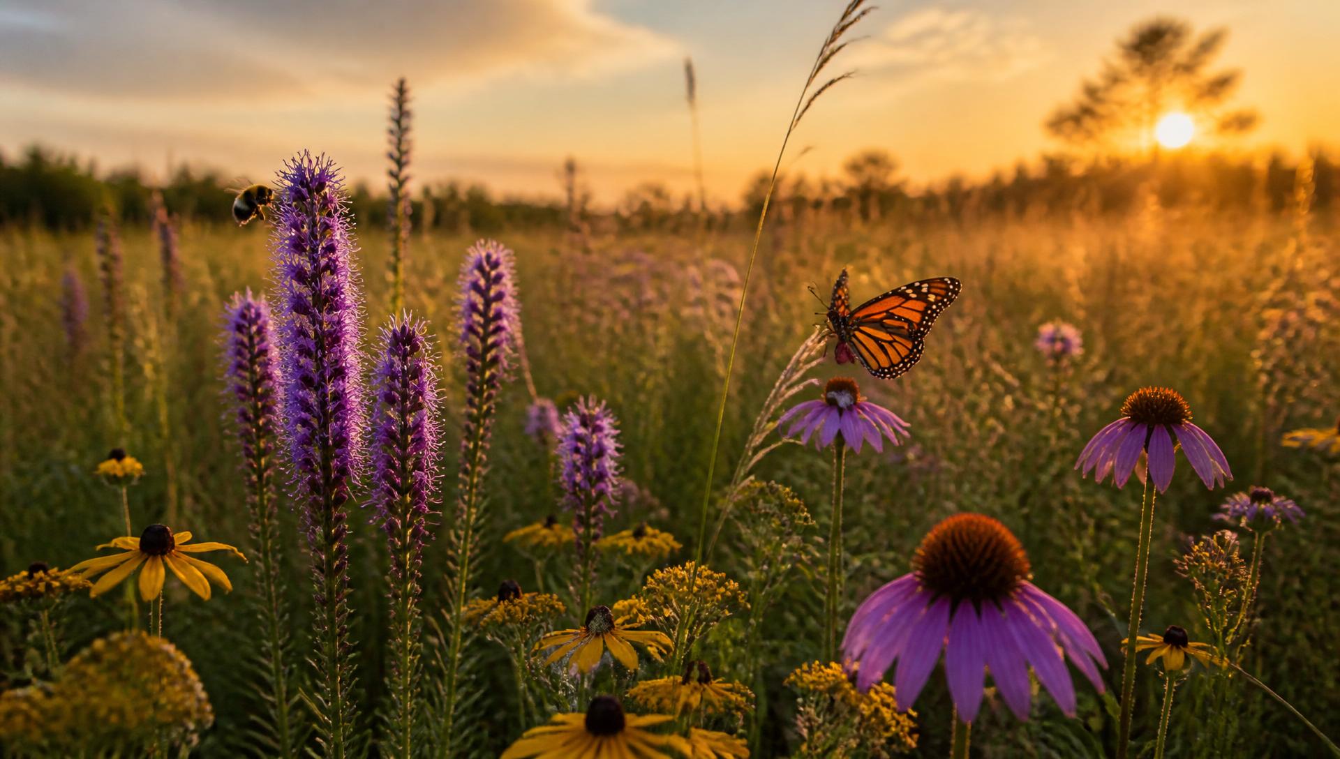 Native prairie wildflowers at golden hour with monarch butterfly and native grasses