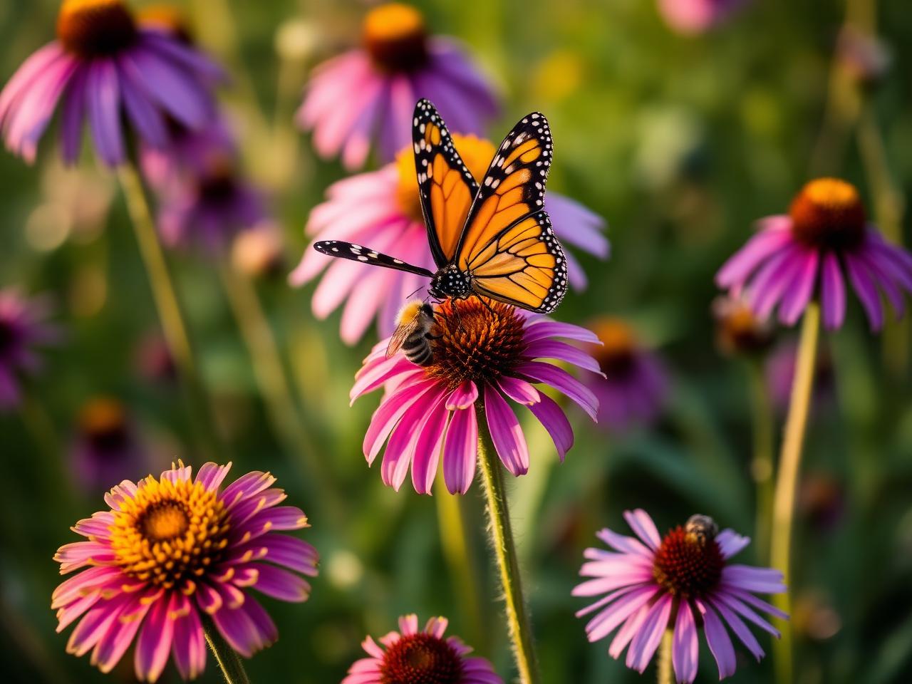 A monarch butterfly and bumblebee on purple coneflowers