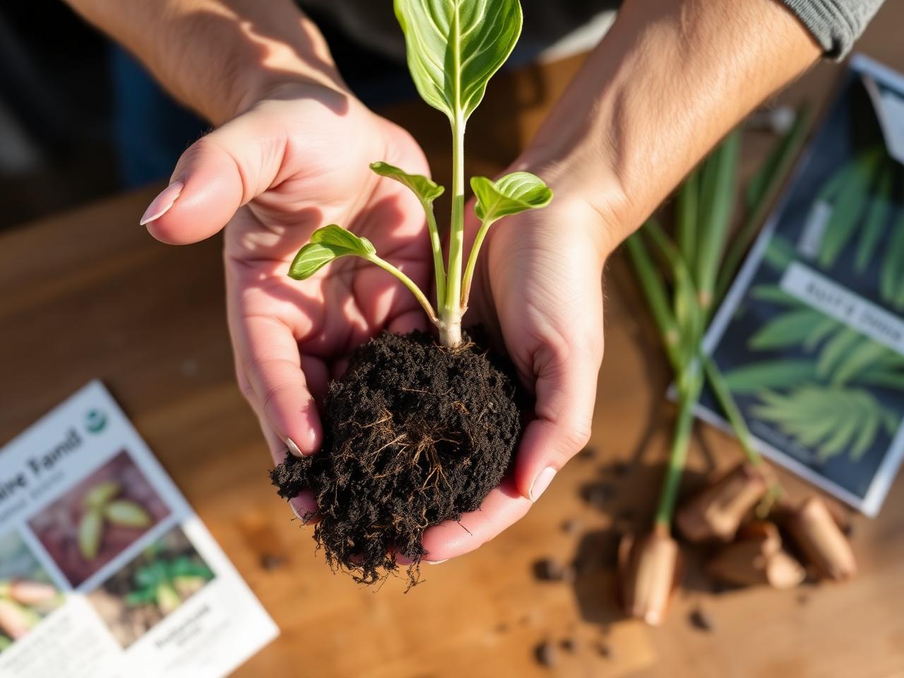 Hands holding a native seedling with visible roots beside seed pods