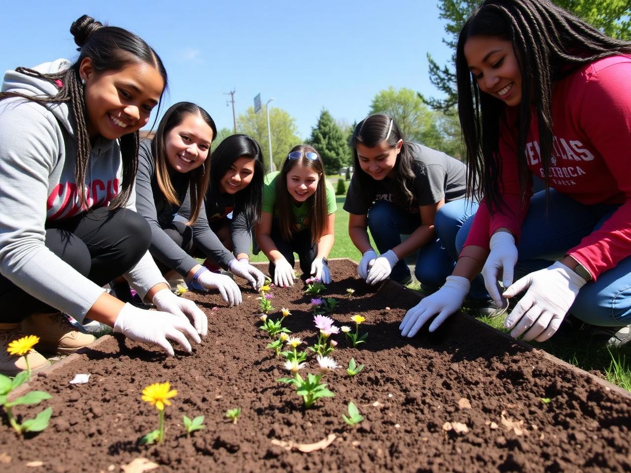Students planting native wildflower plugs in a schoolyard garden bed